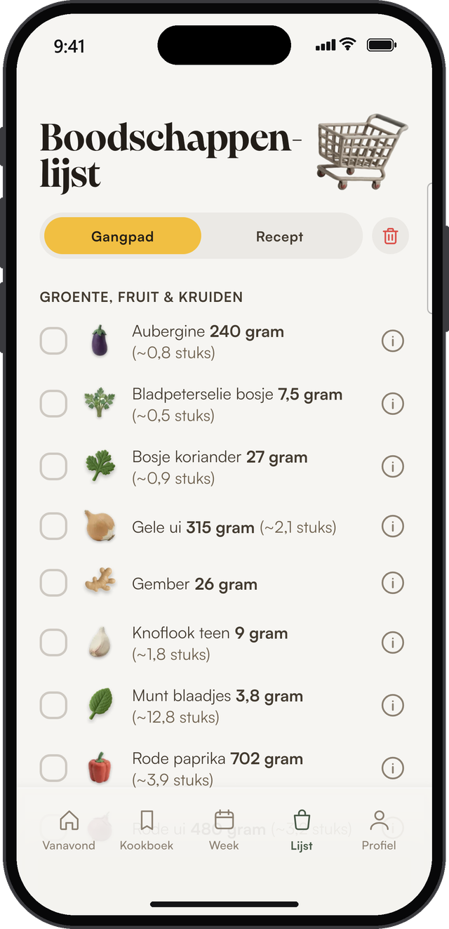 De boodschappenlijst van SousChef®, gesorteerd per gangpad