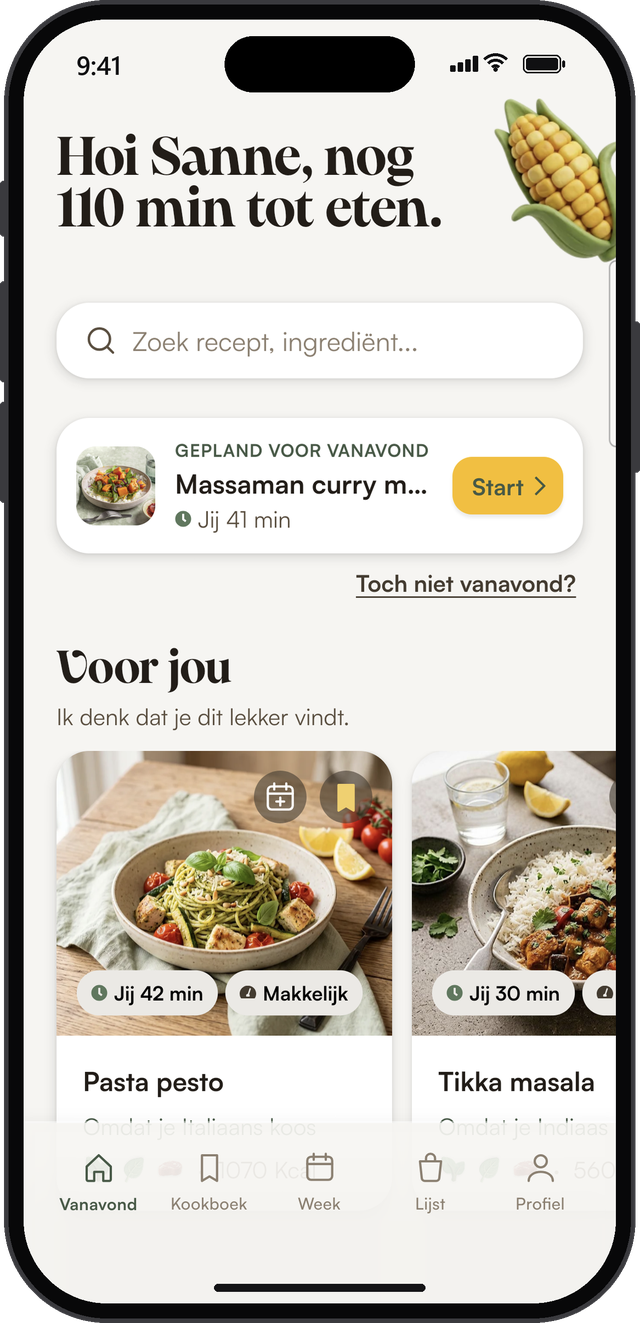 Het startscherm van SousChef® met het geplande recept voor vanavond en de rij &lsquo;Voor jou&rsquo;