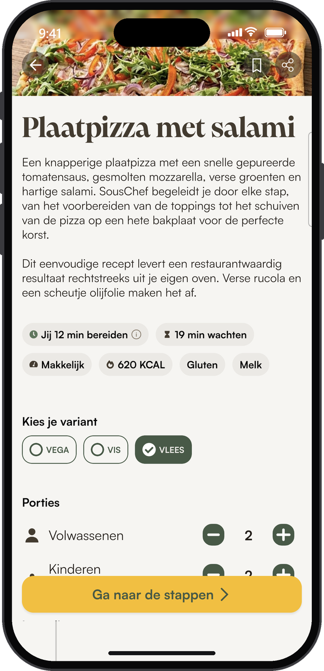 Een recept in SousChef® met de keuze uit vega, vis of vlees, porties voor volwassenen en kinderen en de bereidingstijd voor jou