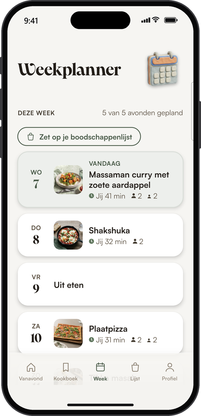 De weekplanner van SousChef® met recepten op de avonden van deze week