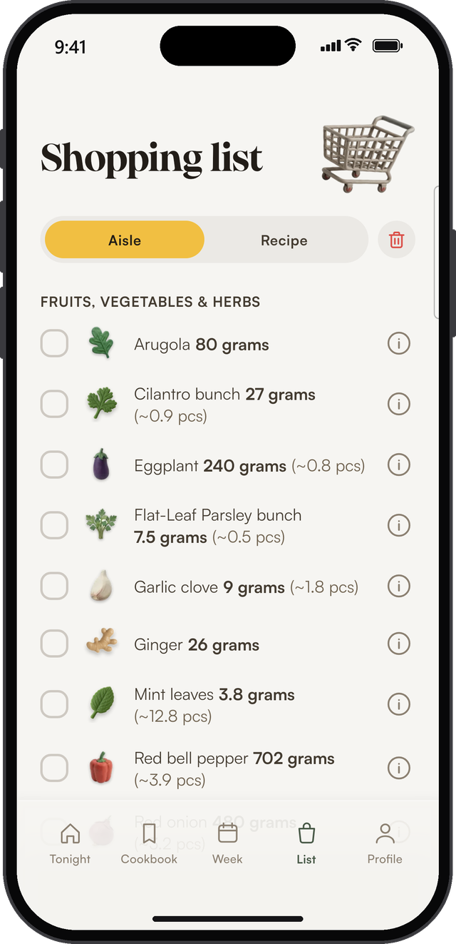 The SousChef® shopping list, sorted by aisle