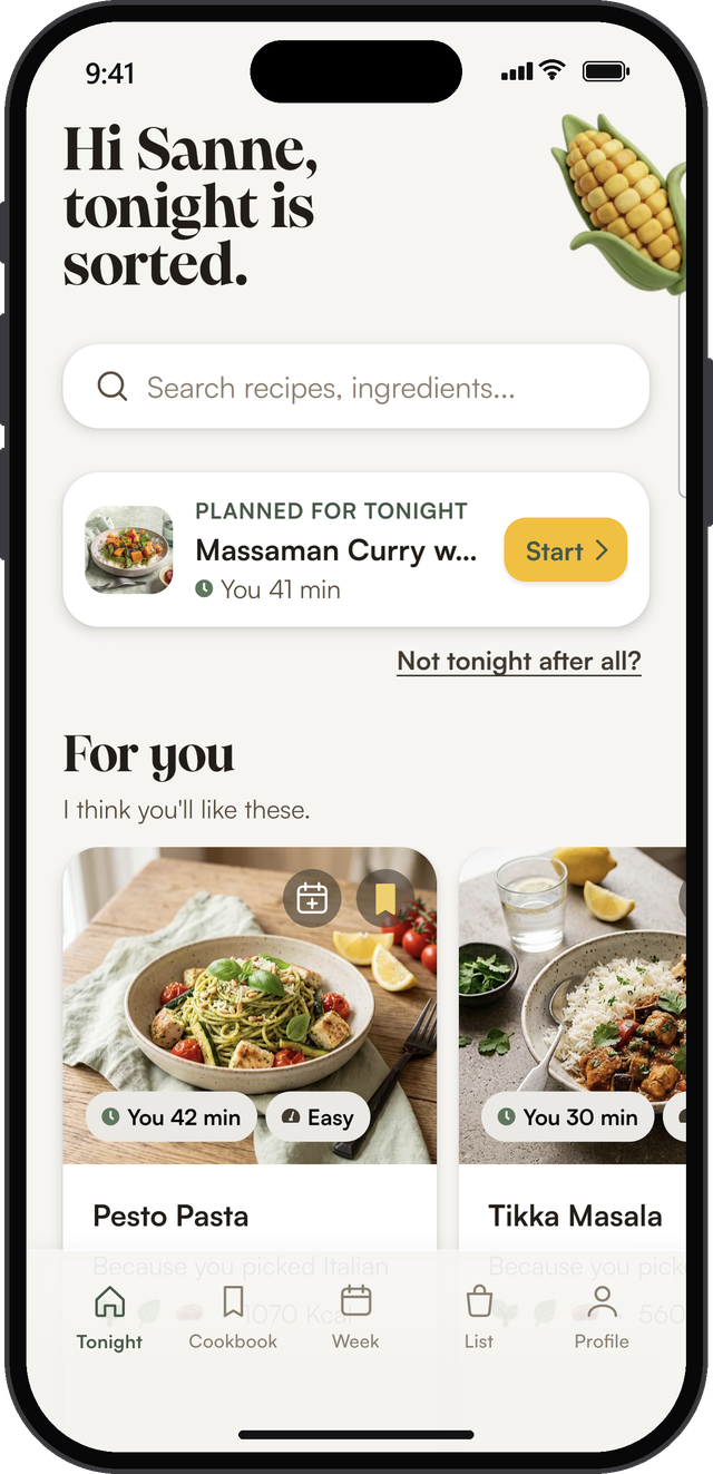 The SousChef® home screen with tonight&rsquo;s planned recipe and the &lsquo;For you&rsquo; row