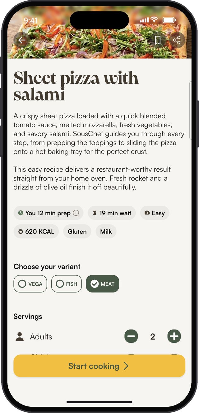 A recipe in SousChef® with the choice of vegetarian, fish or meat, servings for adults and children, and the preparation time for you