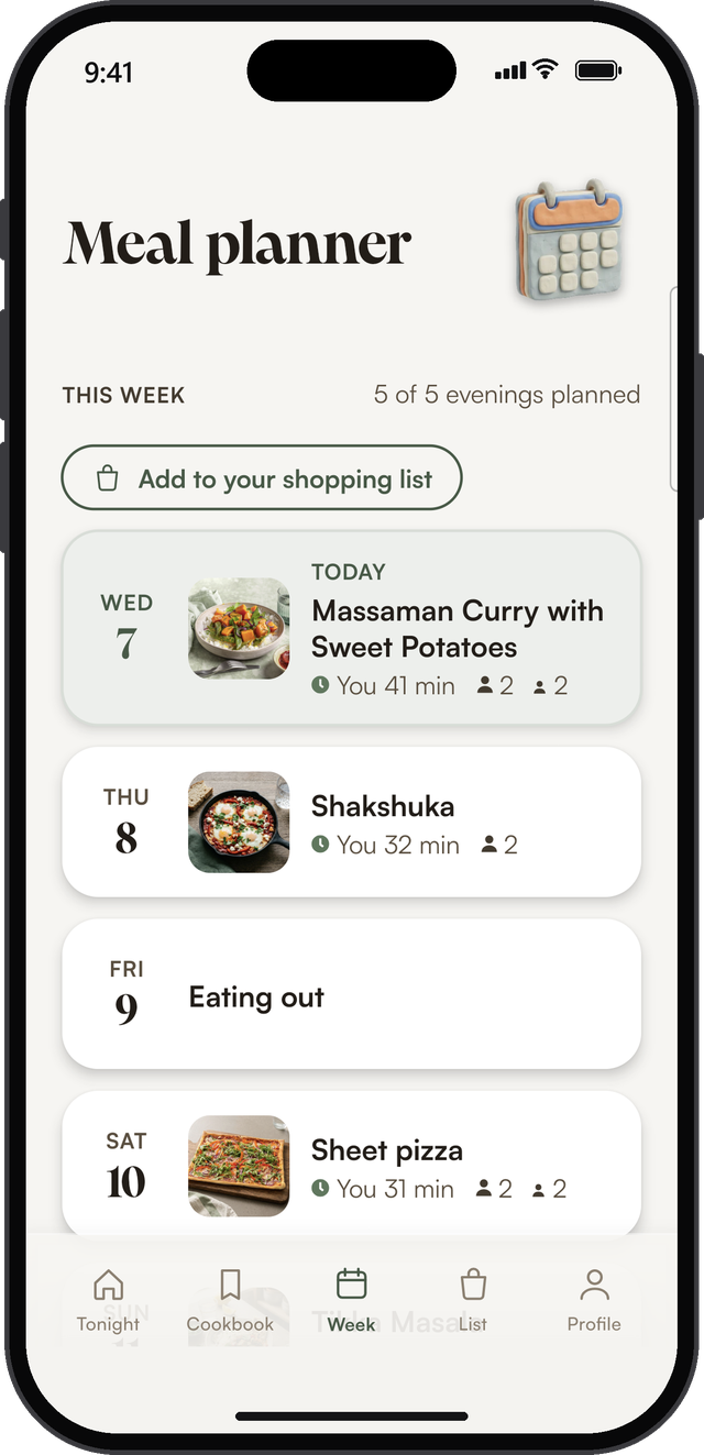 The SousChef® meal planner with recipes on this week&rsquo;s evenings